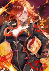 1girl artist_name biker_clothes bikesuit black_bodysuit bodysuit breasts ciyuneh_lipas cleavage closed_mouth facing_viewer fire genshin_impact hand_on_own_hip high_heels highres large_breasts light_smile looking_at_viewer mavuika_(genshin_impact) multicolored_eyes multicolored_hair orange_eyes orange_hair pink_lips red_eyes red_hair solo solo_focus thighs
