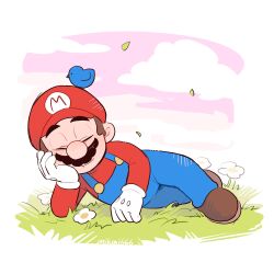 Rule 34 | 1boy, bird, blue bird, blue overalls, boots, brown boots, brown hair, closed eyes, facial hair, gloves, grass, hat, highres, lying, mario, mario (series), mikmi666, mustache, nintendo, on side, overalls, red hat, red shirt, shirt, short hair, solo, white gloves