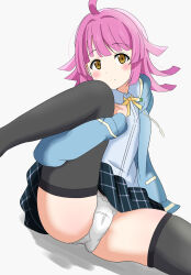 1girl absurdres ahoge goa1126 highres hood hood_down hoodie knees_up love_live! love_live!_nijigasaki_high_school_idol_club medium_hair panties pink_hair plaid_clothes plaid_skirt skirt solo tennoji_rina thighhighs underwear white_panties zettai_ryouiki