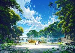 1girl bird black_hair black_skirt blue_sky blurry blurry_foreground boat cloud commentary_request day long_hair long_sleeves mocha_(cotton) original outdoors overgrown scenery shirt signature skirt sky solo squatting sunlight tree very_wide_shot water watercraft watermark white_shirt