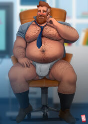 Rule 34 | 1boy, absurdres, bara, beard, belly, black socks, blue necktie, blurry, blurry background, blush, briefs, brown footwear, brown hair, bulge, chest hair, connected beard, doctor anfelo, facial hair, full beard, glitch techs, highres, large pectorals, looking up, male focus, male underwear, mature male, muscular, muscular male, navel, necktie, office, open clothes, open shirt, pectorals, phil altiere, smile, socks, sparse arm hair, sparse leg hair, swivel chair, thick eyebrows, underwear, white male underwear