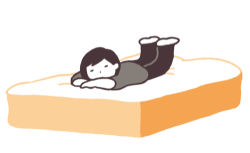 ambiguous_gender bread bread_slice closed_eyes dot_nose facing_viewer food head_rest hirasawa_minami in_food legs_up lowres lying on_stomach original oversized_food oversized_object pants short_hair simple_background solo toast u_u white_background