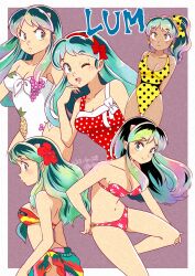 01angelegg 1girl 2023 angry aqua_hair bare_arms bare_legs bikini black_hair blush border bow bow_hairband breasts casual_one-piece_swimsuit cleavage closed_mouth collarbone floating_hair flower green_eyes hair_bow hair_flower hair_ornament hairband hibiscus highres long_hair looking_at_viewer lum medium_breasts multicolored_hair navel o-ring o-ring_bikini one-piece_swimsuit outside_border pink_hair polka_dot polka_dot_bow profile purple_background red_bikini red_bow red_flower red_hairband sarong side_ponytail smile strapless strapless_bikini strapless_one-piece_swimsuit swimsuit urusei_yatsura v-shaped_eyebrows watermark white_border yellow_bow yellow_one-piece_swimsuit