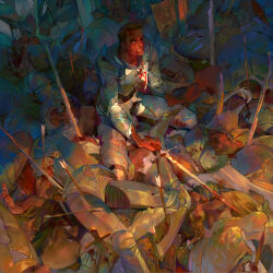 1boy armor arrow_(projectile) bandaged_leg bandages blind blood blood_on_clothes blood_on_face bloody_weapon brown_eyes brown_hair character_request chinese_commentary clenched_teeth commentary_request copyright_request heterochromia highres holding holding_sword holding_weapon impaled injury lengfeng_guojing looking_at_viewer male_focus military_uniform pile_of_corpses scar scar_on_face shield shirt short_hair sitting solo_focus sunset sword teeth thick_eyebrows torn_clothes weapon white_eyes white_shirt