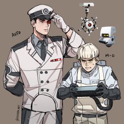 2boys absurdres anger_vein angry arm_behind_back auto_(wall-e) black_necktie bowl_cut character_name closed_mouth coat collared_shirt colored_eyepatch etceteraart eyepatch grey_background grey_shirt grimace highres m-o male_focus military_uniform multiple_boys necktie personification red_eyes reference_inset shirt vacuum_cleaner wall-e white_coat yellow_eyes