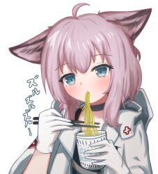 1girl acmetamaki ahoge animal_ears arknights black_choker blue_eyes blush choker chopsticks commentary cross cup_ramen eating food gloves greek_cross highres holding holding_chopsticks looking_at_viewer noodles pink_hair red_cross short_hair simple_background solo sound_effects sussurro_(arknights) upper_body white_background white_gloves