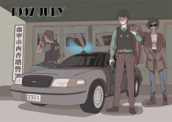 1girl 2boys assault_rifle black_hair brown_hair bulletproof_vest car chinese_text cigarette coat etmc1992 ford_crown_victoria ford_crown_victoria_(2nd_generation) gun hands_in_pockets highres holding holding_gun holding_weapon holster holstered id_card m4_carbine motor_vehicle multiple_boys necktie original police police_car rifle sitting smoking sunglasses unworn_coat vehicle_focus weapon