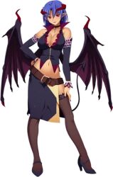 Rule 34 | 1girl, artist request, belt, breasts, character request, copyright request, demon girl, groin, high heels, horns, large breasts, nail polish, navel, smile, tagme