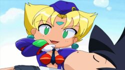 1boy 2girls age_progression animated animated_gif ass ass_expansion blonde_hair breast_expansion earrings gears gloves green_eyes jewelry kagura_nakahito karinka koutetsu_tenshi_kurumi kurumi lowres multiple_girls one-piece_thong short_hair tagme thighhighs