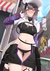 1girl :3 @_@ absurdres arm_behind_back azur_lane black_hair black_panties black_skirt black_vest breasts brown_eyes brown_hair cleavage clothes_pull commission cropped_hoodie cropped_vest day fox_tail from_below hair_between_eyes hair_ornament hairclip hand_up hat highres hip_focus hood hoodie large_breasts long_hair looking_at_viewer looking_down midriff miniskirt nervous_smile open_clothes open_skirt outdoors pamiat_merkuria_(azur_lane) pamiat_merkuria_(chic_and_cheeky)_(azur_lane) panties partially_unzipped pink_eyes pixiv_commission riflech side_ponytail skirt skirt_pull smile solo standing tail thigh_gap thighs underwear very_long_hair vest x_hair_ornament