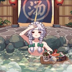 Rule 34 | 1girl, braid, breasts, closed mouth, commentary request, food, grey hair, hair censor, izayoi sakuya, lw og3, maid headdress, medium hair, nude, onsen, pixel art, side braids, solo, sweat, touhou, touhou mystia&#039;s izakaya, twin braids