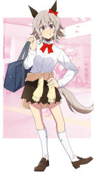 1girl alternate_costume animal_ears bag black_skirt bow bowtie brown_shoes closed_mouth clothes_around_waist collared_shirt curren_chan_(umamusume) full_body grey_hair hand_on_own_hip hand_up highres holding holding_bag horse_ears horse_girl horse_tail kneehighs loafers long_sleeves looking_at_viewer nel-c pleated_skirt purple_eyes red_bow red_bowtie school_bag shirt shoes short_hair skirt socks solo split_mouth standing tail tongue tongue_out umamusume white_skirt white_socks
