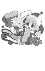 1girl 2000s_(style) :3 :d angel_wings angeling animal_ears bad_id blush_stickers boots fake_animal_ears full_body gloves greyscale halo looking_at_viewer lowres mima_chi monochrome novice_(ragnarok_online) open_mouth rabbit_ears ragnarok_online short_hair shorts simple_background slime_(creature) smile solo traditional_halo wings