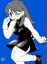 1girl ;p akanbe blue_background blue_eyes blue_theme dress earrings eyelid_pull finger_to_eye gloves green_(pokemon) highres jewelry long_hair looking_at_viewer monochrome musasi1218 nintendo one_eye_closed pokemon pokemon_adventures shoes sleeveless sleeveless_dress socks standing standing_on_one_leg tongue tongue_out white_gloves