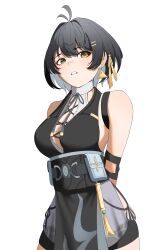 1girl absurdres antenna_hair arms_behind_back bare_shoulders black_dress black_hair black_shorts breasts colored_inner_hair commentary cross-laced_clothes cross-laced_dress dress earrings female_rover_(wuthering_waves) hair_ribbon hazeillusts highres jewelry large_breasts looking_at_viewer multicolored_hair parted_lips ribbon rover_(wuthering_waves) shorts simple_background sleeveless sleeveless_dress solo triangle_earrings white_background white_hair wuthering_waves yellow_eyes yellow_ribbon