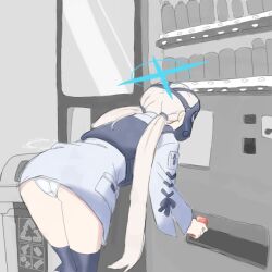 1girl arius_student_(blue_archive) artist_request ass back bent_over blue_archive blue_halo dress gas_mask halo jacket long_hair mask monochrome_background panties recycle_bin simple_background solo thighhighs trash_can twintails underwear vending_machine white_dress white_jacket white_panties