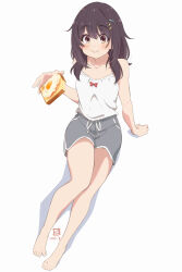 1girl blush brown_eyes brown_hair closed_mouth hair_ornament hibi_wa_sugiredo_meshi_umashi highres kawai_mako long_hair looking_at_viewer medium_hair miyahara_takuya shorts solo