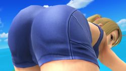 1girl 3d ass ass_focus bent_over blonde_hair blue_eyes female_focus hip_focus huge_ass long_hair looking_back metroid nintendo ponytail samus_aran screencap shorts solo super_smash_bros. wide_hips