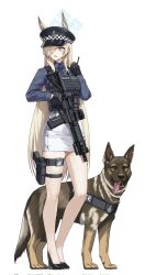 alfie_(tmdals7645) animal_ear_fluff animal_ears assault_rifle black_gloves blue_archive blue_halo bulletproof_vest dog_ears dog_girl extra_ears gloves gun hair_over_one_eye halo hat high_heels highres k9_(dog) kanna_(blue_archive) notched_ear pencil_skirt police police_hat police_uniform policewoman rifle sharp_teeth skirt teeth trigger_discipline walkie-talkie weapon