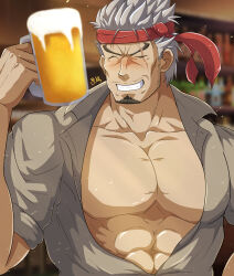 1boy abs alcohol alternate_costume arslan_senki bara bare_pectorals beer beer_mug blurry blurry_background closed_eyes collarbone collared_shirt commentary_request contemporary cup facial_hair goatee grey_hair highres holding holding_cup indoors kubard large_pectorals male_focus mug muscular muscular_male mustache_stubble necktie necktie_on_head partially_unbuttoned pectorals scar scar_across_eye scar_on_face shirt short_hair sideburns_stubble signature sleeves_rolled_up solo stubble upper_body zeff_ozaki