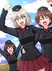 Rule 34 | 3girls, :d, akaboshi koume, arm around waist, arm up, arms up, black headwear, black jacket, blue eyes, blue sky, brown hair, clenched hand, closed eyes, cloud, cloudy sky, commentary, day, dirty, dirty face, dress shirt, dutch angle, garrison cap, girls und panzer, grey hair, hat, hida ema, highres, insignia, itsumi erika, jacket, kuromorimine military uniform, long sleeves, looking at viewer, medium hair, military hat, military uniform, military vehicle, miniskirt, motor vehicle, multiple girls, omachi (slabco), open mouth, outdoors, pleated skirt, red shirt, red skirt, shirt, short hair, skirt, sky, smile, standing, tank, wavy hair, wing collar