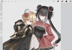 2girls art_program_in_frame black_coat black_dress black_hair blonde_hair bochishiraita chinese_clothes coat don_quixote_(project_moon) double_bun dress e.g.o_(project_moon) flower hair_bun highres jia_xichun_(project_moon) limbus_company long_hair looking_at_viewer multicolored_hair multiple_girls ofuda open_mouth pink_eyes project_moon red_flower red_rose red_sheet_(e.g.o) red_shrug rope_belt rose short_hair simple_background smile standing streaked_hair talisman twintails upper_body white_background yellow_eyes