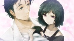 Rule 34 | 1boy, 1girl, 1other, adam&#039;s apple, beard stubble, belt, black belt, black hair, black shirt, bob cut, brown pants, coat, collarbone, facial hair, father and child, game cg, genderswap, genderswap (mtf), grey eyes, hair ornament, hairclip, happy, highres, huke, if they mated, jewelry, lab coat, lapels, light smile, long sleeves, looking at another, medium hair, messy hair, mother and child, narrowed eyes, non-web source, notched lapels, off-shoulder shirt, off shoulder, official art, okabe rintarou, pants, pink eyes, puffy short sleeves, puffy sleeves, red shorts, ribbon, ringed eyes, shiny lips, shirt, short hair, short sleeves, shorts, skull hair ornament, smile, square pupils, steins;gate, stubble, t-shirt, tank top, urushibara luka, white coat, white ribbon, white shirt