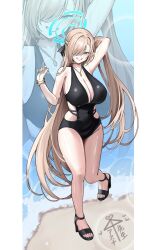1girl asuna_(blue_archive) bangle bare_shoulders beach black_one-piece_swimsuit black_sandals blonde_hair blue_archive blue_eyes blue_halo blue_nails blush bracelet braid breasts cleavage collarbone grin groin hair_over_one_eye half_up_braid halo highres jewelry large_breasts leg_up long_hair looking_at_viewer mole mole_on_breast necklace o-los one-piece_swimsuit sandals smile solo swimsuit thighs very_long_hair