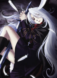 bad_id bad_pixiv_id cross feathers latin_cross long_hair lying nyaou original red_eyes solo sword weapon white_hair