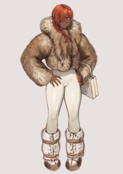 1girl bag boots coat dark-skinned_female dark_skin elf full_body fur-trimmed_coat fur_boots fur_collar fur_trim grey_background hair_over_one_eye hands_on_own_hips highres jewelry long_sleeves looking_at_viewer nail_polish one_eye_covered orange_eyes orange_hair orange_nails original pants pointy_ears ring simple_background solo standing sunna_(nilsunna) ugg_boots white_pants winter_clothes winter_coat