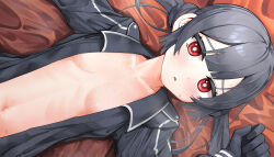 1girl absurdres bed_sheet blush breasts coat cotan_(actancyaga) duel_monster gloves grey_hair highres long_hair long_sleeves lying navel on_back on_bed open_clothes open_coat open_shirt red_eyes sky_striker_ace_-_roze solo stomach twintails wall_of_text watermark yu-gi-oh!