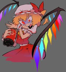 1girl blonde_hair bottle coca-cola cola collared_shirt draculoid fang flandre_scarlet hat highres mob_cap one_side_up puffy_short_sleeves puffy_sleeves red_eyes red_vest shirt short_hair short_sleeves slit_pupils smile soda soda_bottle toon_(style) touhou vest white_headwear white_shirt