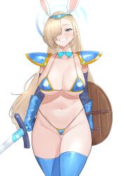 1girl absurdres animal_ears armor asuna_(blue_archive) asuna_(bunny)_(blue_archive) bikini_armor blonde_hair blue_archive blue_armor blue_bow blue_bowtie blue_eyes blue_gloves blue_thighhighs bow bowtie breasts cleavage detached_collar dragon_quest fake_animal_ears gloves grin groin hair_over_one_eye halo highres holding holding_shield holding_sword holding_weapon large_breasts long_hair navel rabbit_ears shield shio05_(05_sio) shoulder_armor sideboob smile solo stomach swimsuit sword thigh_gap thighhighs underboob very_long_hair weapon