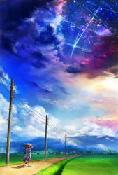 10s 1girl 2016 artist_name bare_arms blue_ribbon braid brown_hair cloud dated dirt_road dress facing_away female_focus field from_behind grass haguruma_rapt hand_on_headwear hat hat_ribbon highres hill landscape lens_flare meteor no_socks original outdoors power_lines ribbon road rural scenery shooting_star signature sky sleeveless sleeveless_dress slippers solo standing star_(sky) starry_sky straw_hat summer sundress tree twin_braids utility_pole white_dress wind
