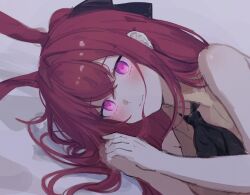 1girl animal_ears arknights bare_arms bare_shoulders brown_shirt closed_mouth collared_shirt heart heart-shaped_pupils long_hair lying neckerchief on_side purple_eyes rabbit_ears ray_(arknights) red_hair shirt sleeveless sleeveless_shirt smile solo symbol-shaped_pupils upper_body zapik