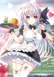 Rule 34 | 1girl, ahoge, apron, artist name, black bow, black bowtie, black dress, black wrist cuffs, bloomers, blue eyes, blurry, blurry background, blush, bow, bowtie, braid, breasts, buttons, center frills, chalkboard, classroom, cleavage, closed mouth, clothes lift, commentary request, cowboy shot, dress, dress lift, drink, eyes visible through hair, floating hair, food, frilled apron, frilled dress, frilled wrist cuffs, frills, garter straps, grey hair, hair between eyes, hair bow, hair intakes, hair ornament, hands up, highres, holding, holding tray, indoors, large breasts, long hair, looking at viewer, maid, maid apron, maid headdress, original, otonashi jun, pancake, pancake stack, puffy short sleeves, puffy sleeves, short sleeves, side braid, single braid, skindentation, smile, solo, straight hair, thighhighs, tray, underwear, very long hair, white apron, white bloomers, white thighhighs, wrist cuffs, x hair ornament, yuzuna hiyo