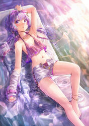 Rule 34 | 1girl, absurdres, anklet, armpits, bare arms, bare legs, barefoot, bikini, bikini under shorts, blush, breasts, cleavage, crop top, eyewear on head, feet out of frame, halterneck, highres, jewelry, lens flare, low twintails, lukky clover, nail polish, navel, necklace, open clothes, open mouth, open shorts, outdoors, pink-tinted eyewear, purple bikini, purple eyes, purple hair, red nails, rimless eyewear, short shorts, shorts, sideboob, small breasts, stomach, sunglasses, swimsuit, tinted eyewear, toenail polish, toenails, twintails, voiceroid, white shorts, yuzuki yukari