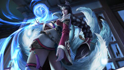 1girl absurdres ahri_(league_of_legends) animal_ears bare_shoulders black_hair blue_theme braid commentary cowboy_shot energy_ball english_commentary facial_mark fox_ears fox_girl fox_tail from_behind from_below highres indoors jumo kitsune korean_clothes kyuubi large_tail league_of_legends long_hair long_sleeves looking_at_viewer multiple_tails nail_polish red_nails single_braid solo tail very_long_hair whisker_markings yellow_eyes
