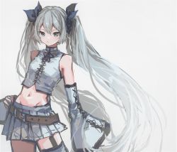1girl absurdres aile_d&#039;ange_(module) aqua_eyes bare_shoulders belt black_bow bow contrapposto cowboy_shot crop_top detached_sleeves grey_hair grey_shirt grey_skirt grey_sleeves hair_bow hand_on_own_hip hatsune_miku hatsune_miku_(aile_d&#039;ange) highres krlouvf lace-up_sleeves lace-up_top long_hair looking_at_viewer midriff navel project_diva_(series) shirt single_thighhigh sketch skirt sleeveless sleeveless_shirt solo thighhighs twintails very_long_hair vocaloid white_background wide_sleeves