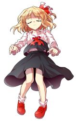 1girl alphes_(style) ascot black_dress black_vest blonde_hair blouse closed_eyes closed_mouth collar collared_shirt commentary_request crying dairi dress frilled_collar frilled_sleeves frills frown full_body hair_ribbon large_variant_set long_sleeves mary_janes parody red_ascot red_ribbon red_shoes ribbon rumia sad shirt shoes socks solo style_parody tachi-e touhou transparent_background two-tone_ribbon variant_set vest white_ribbon white_sleeves white_socks white_trim