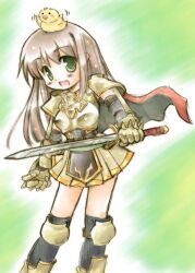 1girl 2000s_(style) :d animal animal_on_head armor baby_animal belt bird bird_on_head black_belt black_thighhighs blush boobplate breastplate cape chick commentary_request cross exp_mochi fang feet_out_of_frame green_background green_eyes grey_hair holding holding_sword holding_weapon long_hair looking_at_viewer lord_knight_(ragnarok_online) miniskirt on_head open_mouth pauldrons pleated_skirt poleyn ragnarok_online red_cape shoulder_armor skirt smile solo spiked_gauntlets standing sword thighhighs weapon white_skirt