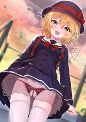 1girl :d absurdres backpack bag blonde_hair blurry blush bow commission dress gluteal_fold green_eyes hat hat_bow highres idolmaster idolmaster_cinderella_girls idolmaster_cinderella_girls_u149 long_sleeves looking_at_viewer open_mouth outdoors panties pussy randoseru red_bow ri5taccia sakurai_momoka school_uniform short_hair skeb_commission skirt smile solo thighhighs underwear wind