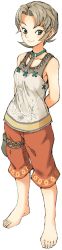 1girl arms_behind_back barefoot brown_hair capri_pants feet female_focus full_body green_eyes highres ilia long_image nintendo oyatsu_(mk2) pants pouch short_hair simple_background smile solo tall_image the_legend_of_zelda the_legend_of_zelda:_twilight_princess thigh_pouch toenails toes