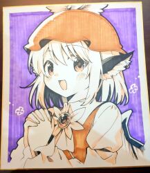 1girl :d alternate_costume animal_ears ascot bird_ears bird_wings blush border brooch brown_dress brown_eyes brown_vest collared_shirt commentary_request dress earrings happy hat hoop_earrings interlocked_fingers jewelry juliet_sleeves kapuchii long_sleeves marker_(medium) medium_hair mob_cap mystia_lorelei open_mouth outside_border own_hands_clasped own_hands_together pen_(medium) puffy_sleeves purple_background shirt simple_background sleeve_garter smile solo touhou traditional_media upper_body vest white_ascot white_border white_hair white_shirt white_wings winged_hat wings