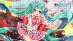 1girl :d aqua_hair aqua_nails back_bow black_bow blue_eyes blush bow breasts corset cowboy_shot dress hair_between_eyes hair_bow hatsune_miku headset highres idol larg_bow long_hair looking_at_viewer medium_breasts nail_polish natsume_kei open_mouth outstretched_arm pink_dress plaid_bow plaid_clothes plaid_dress reaching reaching_towards_viewer red_bow screen_zoom short_sleeves smie smile solo stage thighhighs twintails very_long_hair vocaloid white_wrist_cuffs wrist_cuffs