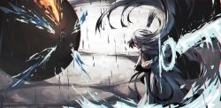 2boys absurdres belt blood brown_hair capelet clenched_hands cloud crown energy_sword energy_wings facepaint facial_mark fighting_stance floating hairband highres holding holding_sword holding_weapon horns kapxapius long_hair looking_at_another multiple_boys orb original pants ponytail rain robe shirt sword torn_clothes torn_shirt tower_of_god twenty-fifth_bam weapon white_(tower_of_god) white_hair white_robe white_shirt wings