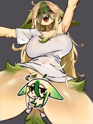 1girl animal_ears animal_nose armpits arms_up azuu_(azuucookie) blonde_hair bottomless breasts brown_eyes censored colored_sclera cowboy_shot ears_down eyes_visible_through_hair female_focus from_below furry furry_female gen_4_pokemon gluteal_fold green_hair grey_background hair_between_eyes happy highres large_breasts leafeon legs_apart looking_at_viewer looking_down mature_female multicolored_hair nintendo novelty_censor off-shoulder_shirt off_shoulder open_mouth outstretched_arms personification pokemon pokemon_(creature) raised_eyebrows shiny_skin shirt short_sleeves simple_background single_sleeve smile solo spread_arms standing tail teeth thick_thighs thighs tongue two-tone_hair white_shirt yellow_sclera