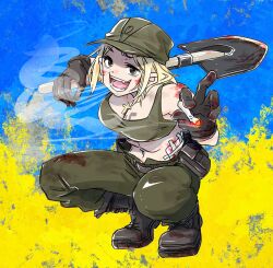 1girl anonymous_(japanese) azov_battalion bandages belt_buckle black_boots blonde_hair blood blood_on_cheek blood_on_clothes blood_on_face blood_on_gloves blood_on_shoes blood_on_shoulder blood_on_shovel bloody_bandages boots breasts brown_eyes brown_pants buckle cigarette crop_top cross cross_necklace ears_visible_through_hair fangs flag_background gloves green_gloves green_tank_top hat holding holding_cigarette holding_shovel injury jacket japanon jewelry leather_belt looking_at_viewer marichka medium_breasts midriff military military_uniform navel necklace open_mouth original over_shoulder pants peaked_cap russo-ukrainian_war short_hair shovel solo squatting swastika_tattoo tank_top tattoo tongue ukraine weapon weapon_over_shoulder