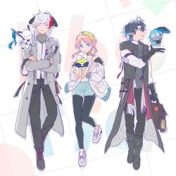 1girl 2boys absurdres ahoge animal animal_ears animal_on_head arknights arm_pouch bag black_coat black_footwear black_gloves black_leggings black_pants blue_eyes blue_hair blue_poison_(arknights) blue_poison_(shoal_beat)_(arknights) blue_shorts boots closed_mouth coat collar colored_inner_hair commentary dog_ears elysium_(arknights) fake_animal_ears feathered_wings frown gloves green_headband grey_coat grey_shirt grid_background hangyodon hasunoue_keroppi headband highres holding holding_bag jacket kero_kero_keroppi knee_boots lantern leggings leggings_under_shorts long_sleeves looking_to_the_side lumen_(arknights) multicolored_hair multiple_boys on_head one_eye_closed open_mouth pants pink_hair pochacco red_hair sanrio scarf shimuai shirt shoes shorts simple_background smile sneakers streaked_hair symbol-only_commentary white_background white_eyes white_footwear white_hair white_jacket white_scarf white_shirt wings yellow_eyes