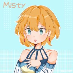 1girl bare_shoulders blue_eyes blush braid breasts collarbone detached_sleeves dress earrings hair_between_eyes hand_on_own_chest jewelry misty_(pokemon) misty_(sygna_suit)_(pokemon) nintendo open_mouth orange_hair pokemon pokemon_(anime) pokemon_(classic_anime) pokemon_masters_ex pokemon_rgby short_hair sleeveless smile solo upper_body